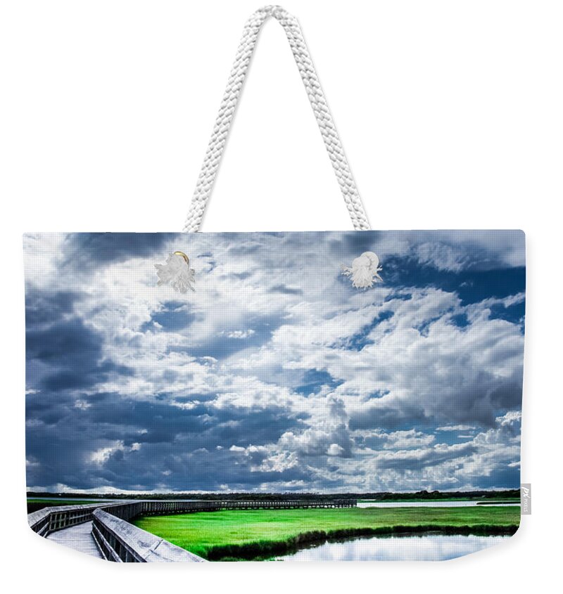Coastal Blue Weekender Tote Bag featuring the photograph Walk With Me In The Sky by Karen Wiles