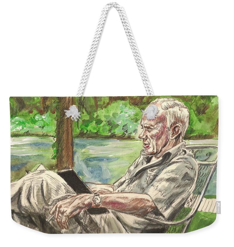 Walker Percy Weekender Tote Bag featuring the painting Walker Percy at the Lake by Bryan Bustard