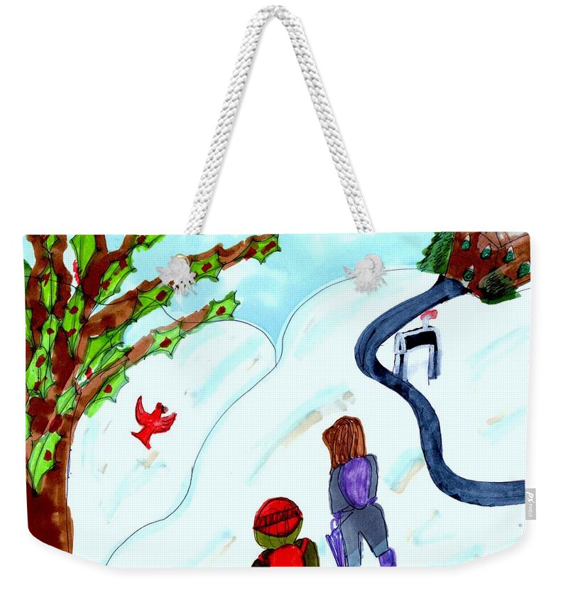 2 Children Walking Home From School In The Snow Around Christmas Season Weekender Tote Bag featuring the mixed media Walking Home From School by Elinor Helen Rakowski