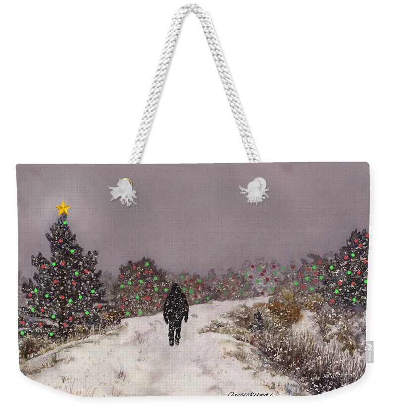 Snowy Painting Weekender Tote Bag featuring the painting Walking Into the Light by Anne Gifford