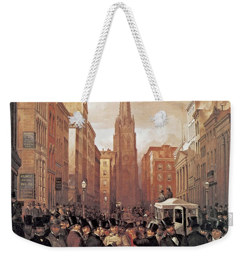 James H. Cafferty Weekender Tote Bag featuring the painting Wall Street 1857 by James H Cafferty 