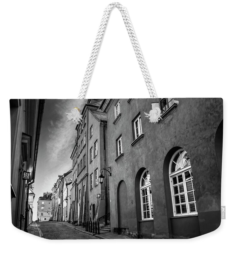 Warsaw Weekender Tote Bag featuring the photograph Warsaw Street in Black and White by Carol Japp