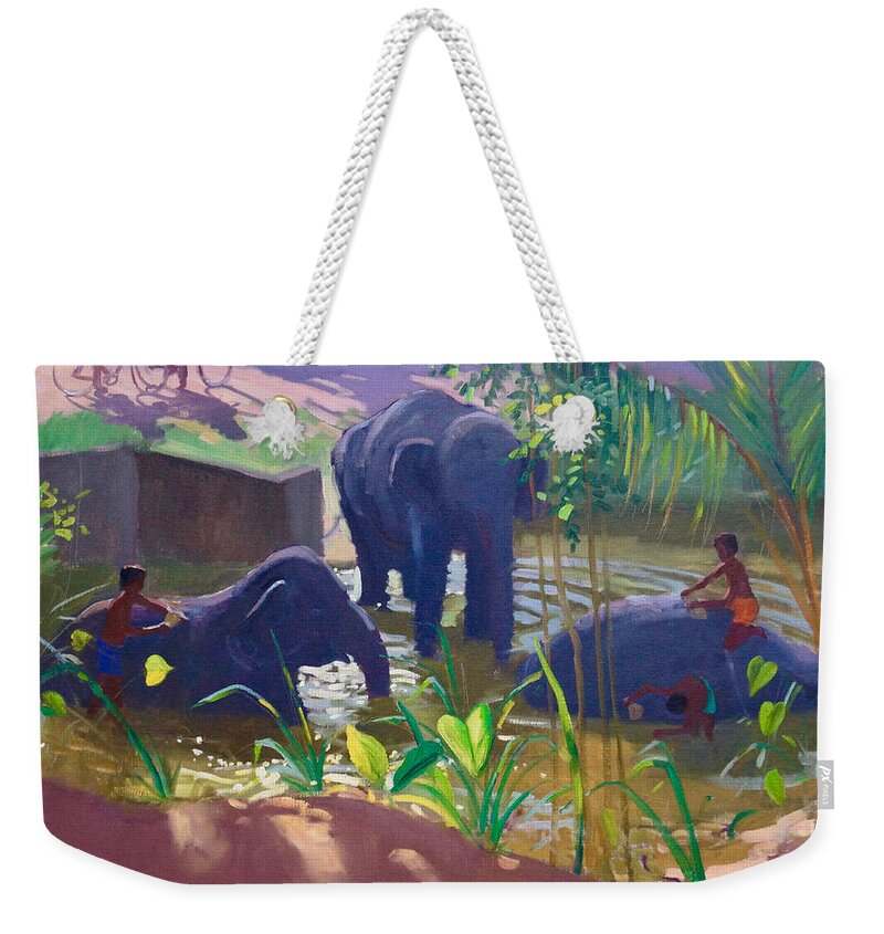 Washing Weekender Tote Bag featuring the painting Washing Elephants, Sri Lanka by Andrew Macara