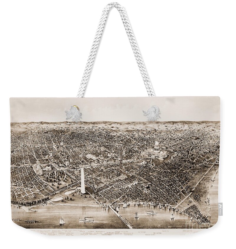 1892 Weekender Tote Bag featuring the drawing Aerial View Of Washington D.c., 1892 by Currier and Ives