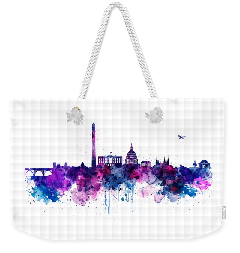 Washington Dc Weekender Tote Bag featuring the painting Washington DC Skyline by Marian Voicu