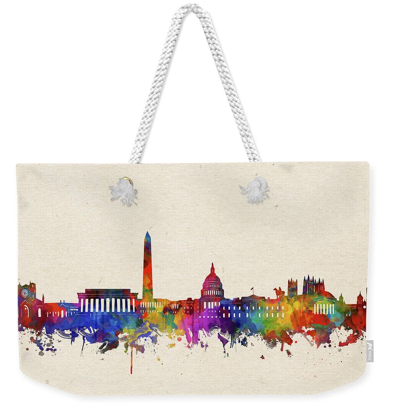 Washington Dc Weekender Tote Bag featuring the digital art Washington Dc Skyline Watercolor 2 by Bekim M