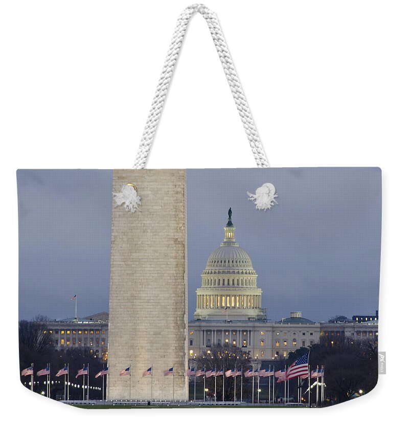 washington Dc Weekender Tote Bag featuring the photograph Washington Monument and United States Capitol Buildings - Washington DC by Brendan Reals