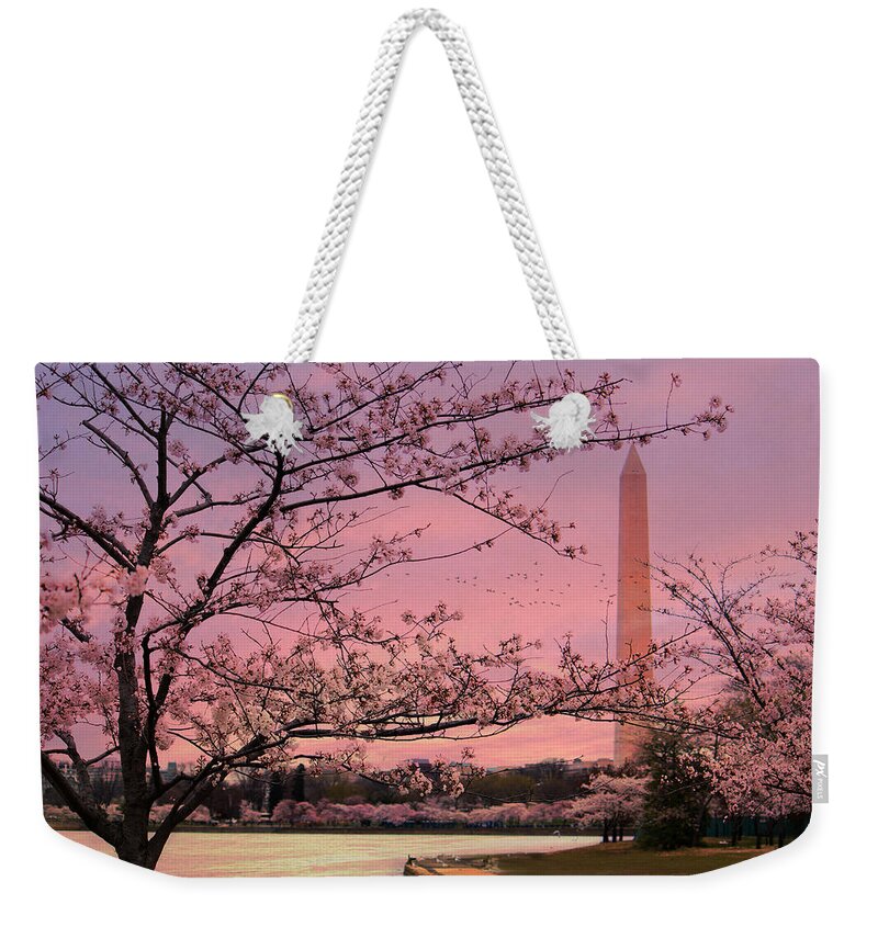 Cherry Blossom Festival Weekender Tote Bag featuring the photograph Washington Monument Cherry Blossom Festival by Shelley Neff