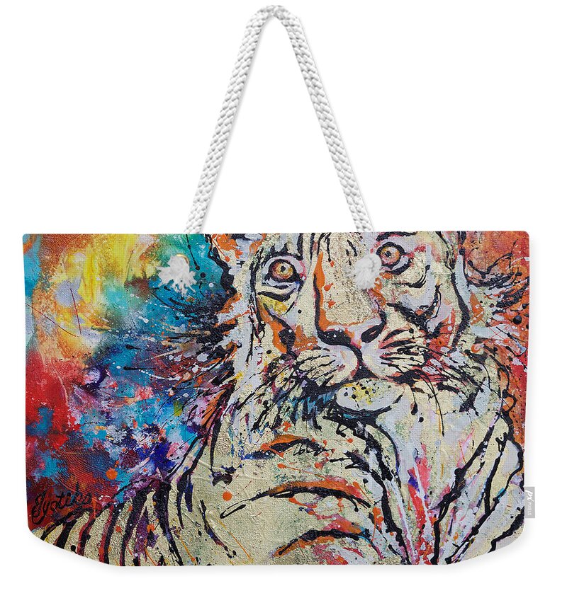 Tiger Weekender Tote Bag featuring the painting Watchful Tigeress by Jyotika Shroff