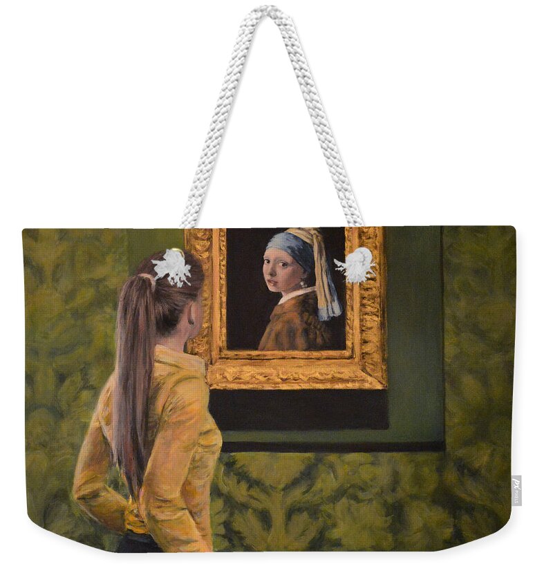 Watching Girl With The Pearl Earring By Dutch Master Artist Vermeer Weekender Tote Bag featuring the painting Watching girl with the pearl earring by Escha Van den bogerd