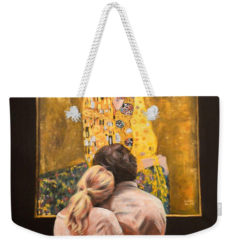 Klimt Weekender Tote Bag featuring the painting Watching Klimt The Kiss by Escha Van den bogerd