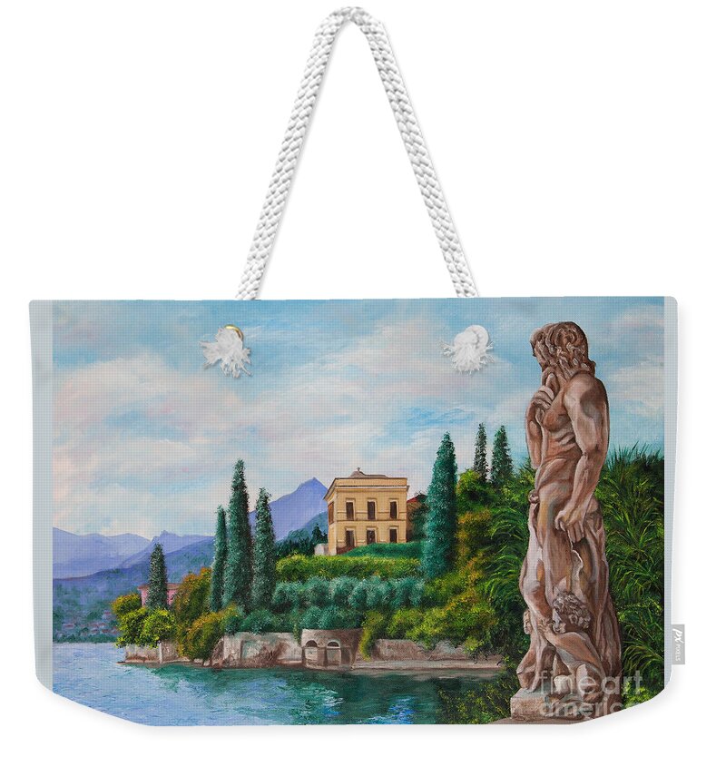 Lake Como Art Weekender Tote Bag featuring the painting Watching Over Lake Como by Charlotte Blanchard