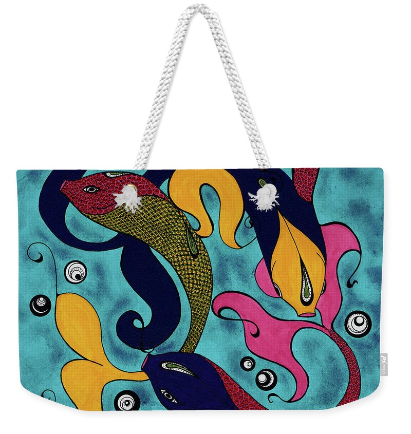 Fish Weekender Tote Bag featuring the mixed media Water Dance by Michele Sleight