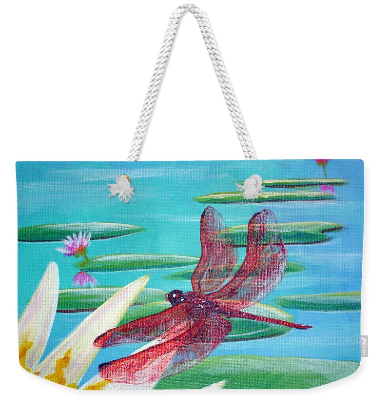 Water Weekender Tote Bag featuring the painting Water Lilies and Dragonfly by Susan Kubes