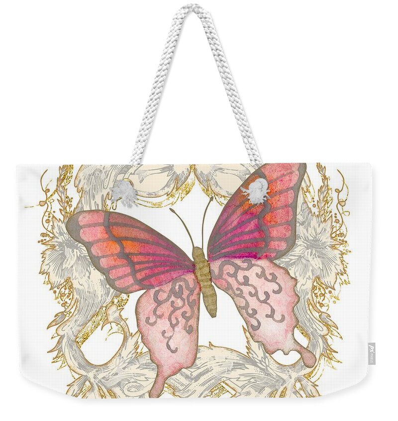 Vintage Weekender Tote Bag featuring the painting Watercolor Butterfly with Vintage Swirl Scroll Flourishes by Audrey Jeanne Roberts