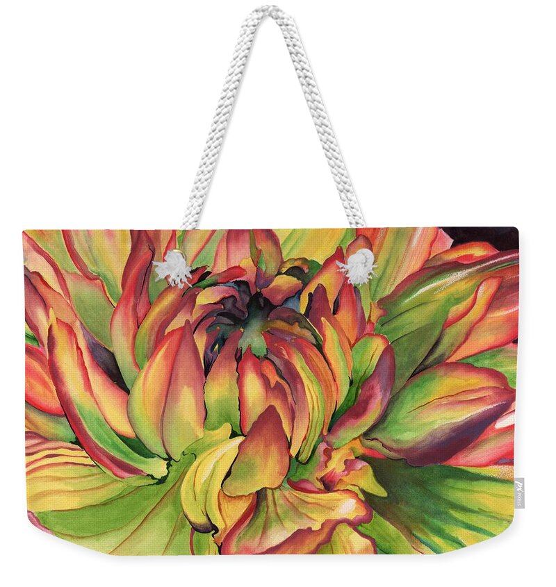 Dahlia Weekender Tote Bag featuring the painting Watercolor Dahlia by Angela Armano