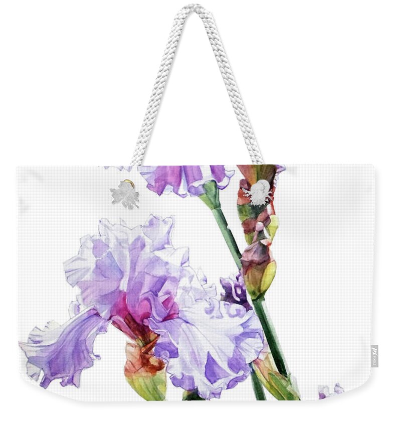 Watercolor Weekender Tote Bag featuring the painting Watercolor of a Tall Bearded Iris I call Lilac Iris Wendi by Greta Corens