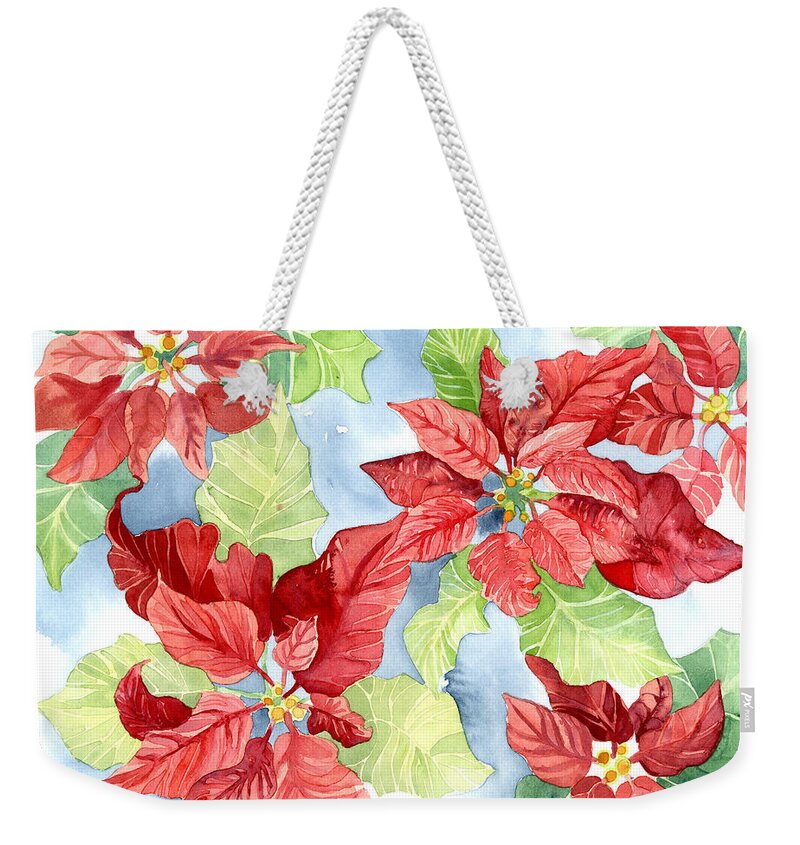 Poinsettia Weekender Tote Bag featuring the painting Watercolor Poinsettias Christmas Decor by Audrey Jeanne Roberts