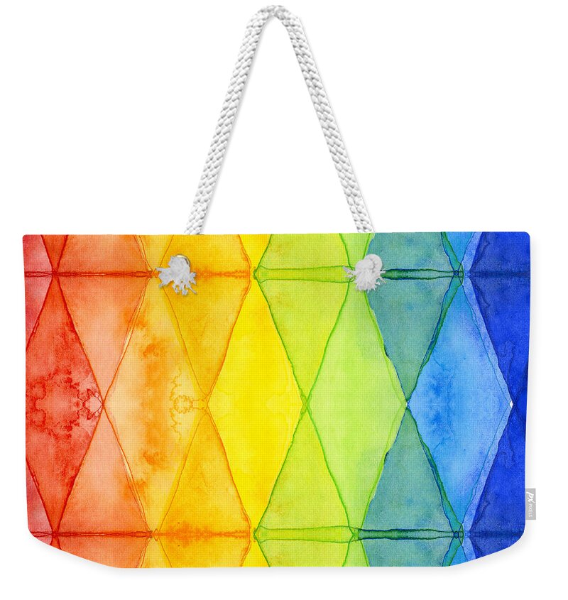 Triangles Weekender Tote Bag featuring the painting Watercolor Rainbow Pattern Geometric Shapes Triangles by Olga Shvartsur
