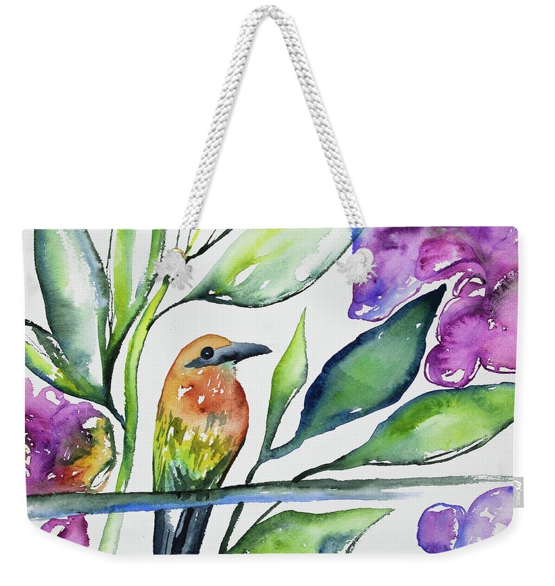 Rufous Motmot Weekender Tote Bag featuring the painting Watercolor - Rufous Motmot by Cascade Colors