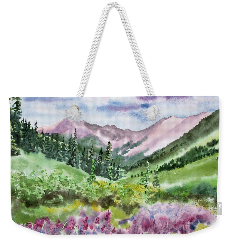 Original Watercolor Weekender Tote Bag featuring the painting Watercolor - San Juans Mountain Landscape by Cascade Colors