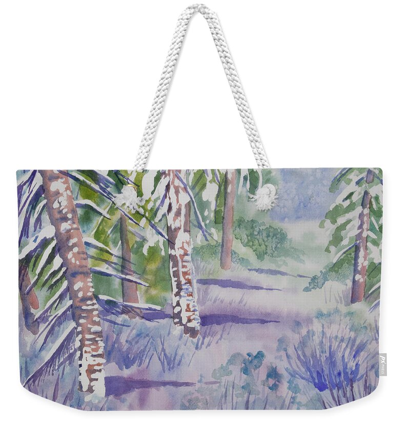 Path Weekender Tote Bag featuring the painting Watercolor - Snowy Winter Path by Cascade Colors