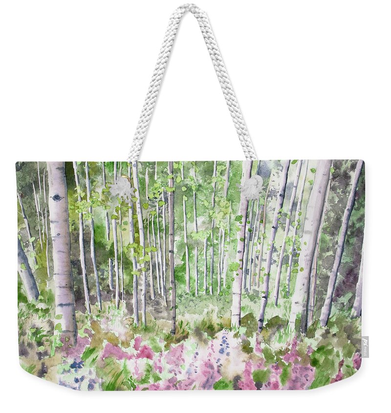 Aspen Weekender Tote Bag featuring the painting Watercolor - Summer Aspen Glade by Cascade Colors