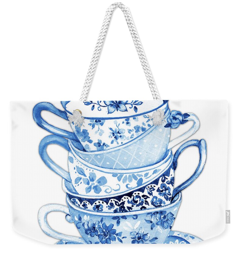 Tea Weekender Tote Bag featuring the painting Watercolor Teacups-B by Jean Plout