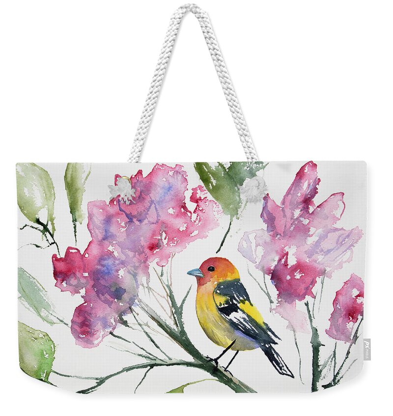 Western Tanager Weekender Tote Bag featuring the painting Watercolor - Western Tanager in a Flowering Tree by Cascade Colors