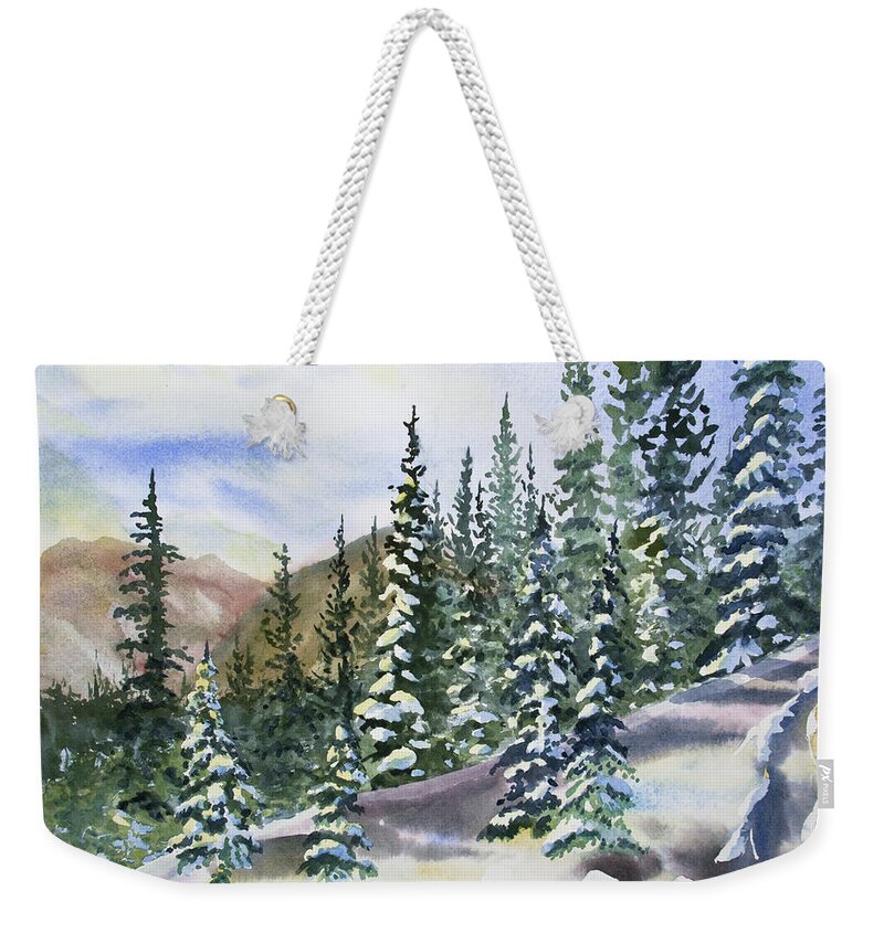 Landscape Weekender Tote Bag featuring the painting Watercolor - Winter Snow-covered Landscape by Cascade Colors