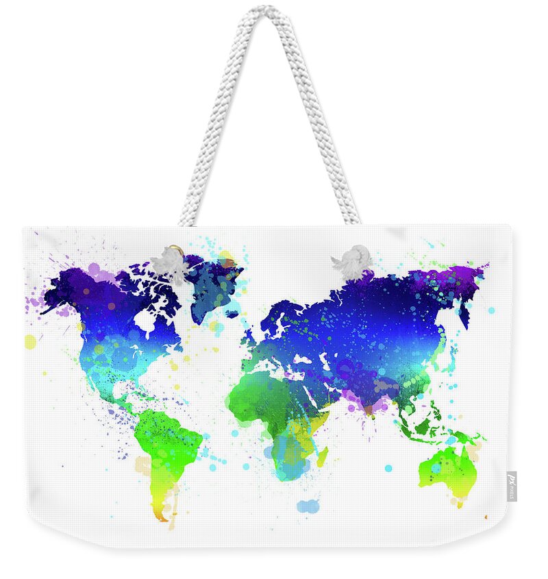 World Weekender Tote Bag featuring the painting Watercolor world map #1 by Delphimages Map Creations