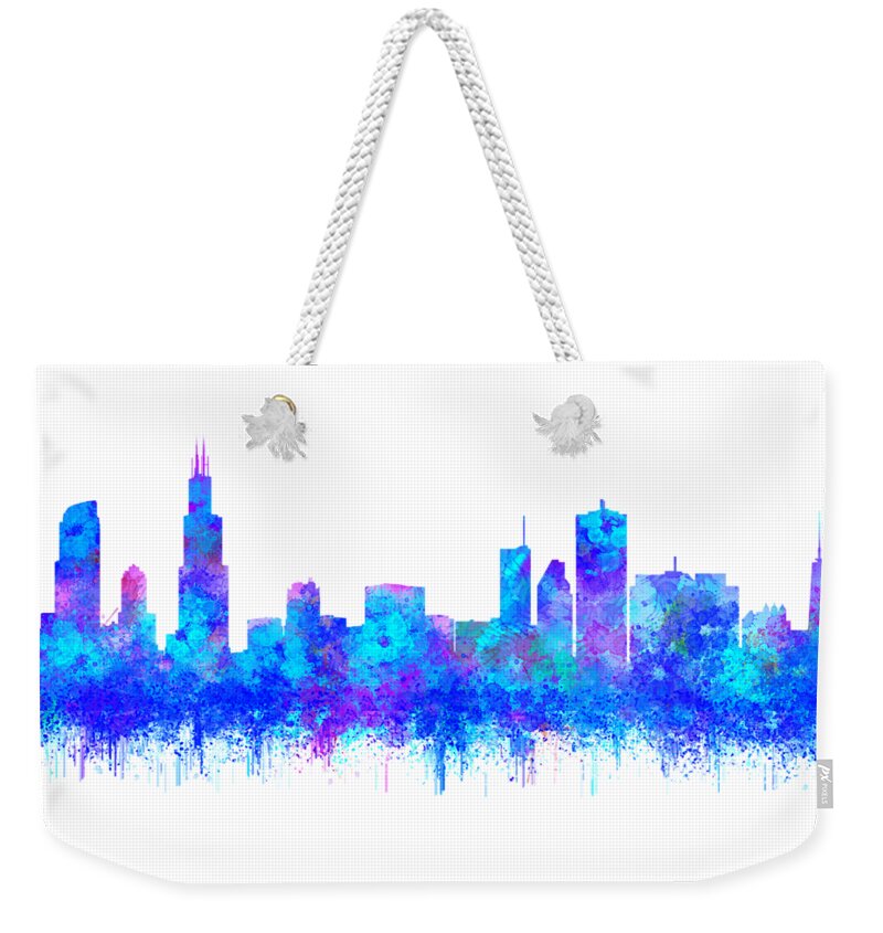 Chicago Weekender Tote Bag featuring the painting Watercolour Splashes and dripping effect Chicago Skyline by Georgeta Blanaru