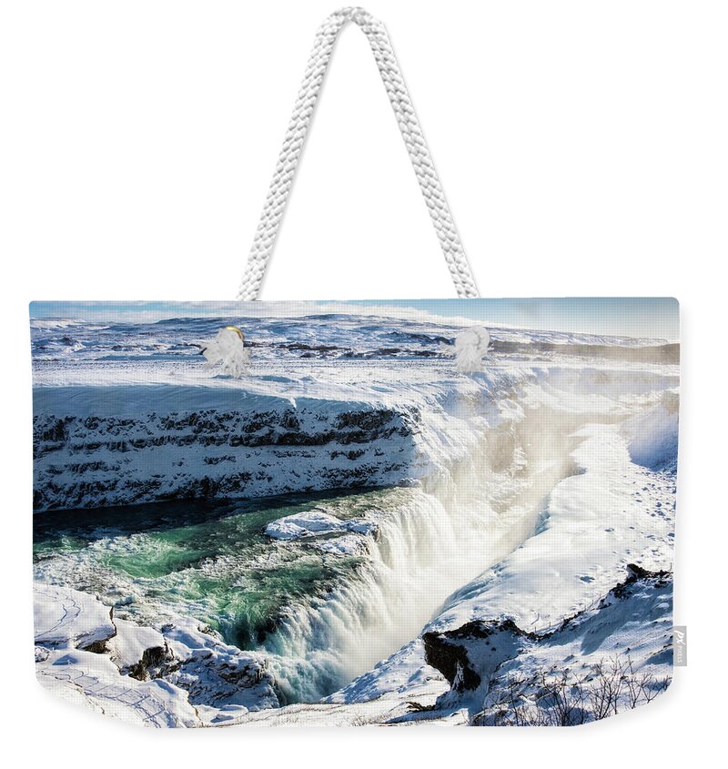Gullfoss Weekender Tote Bag featuring the photograph Waterfall Gullfoss Iceland in Winter by Matthias Hauser