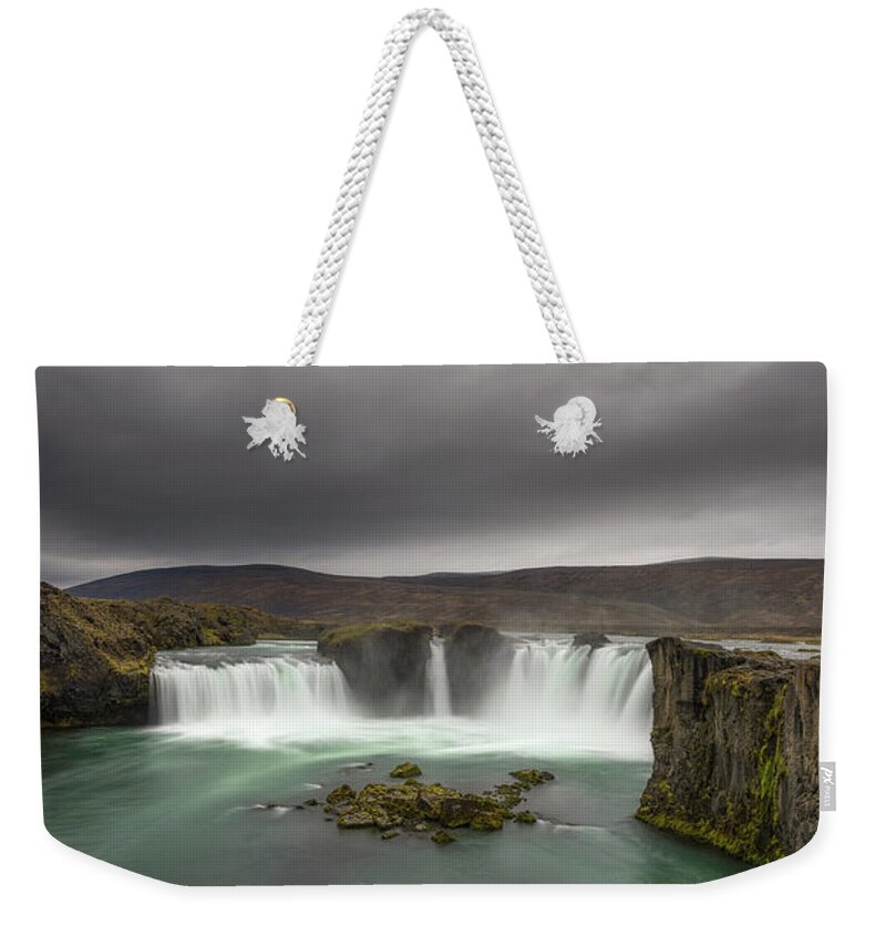 Godafoss Weekender Tote Bag featuring the photograph Waterfall Of The Gods Panorama by Michael Ver Sprill