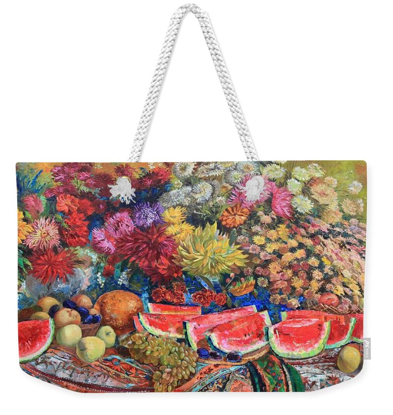 Maya Gusarina Weekender Tote Bag featuring the painting Watermelon Symphony by Maya Gusarina