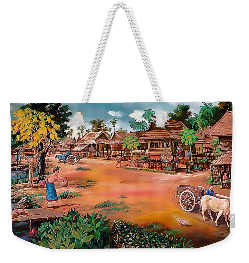 Thailand Weekender Tote Bag featuring the painting Waterside Town Community by Ian Gledhill