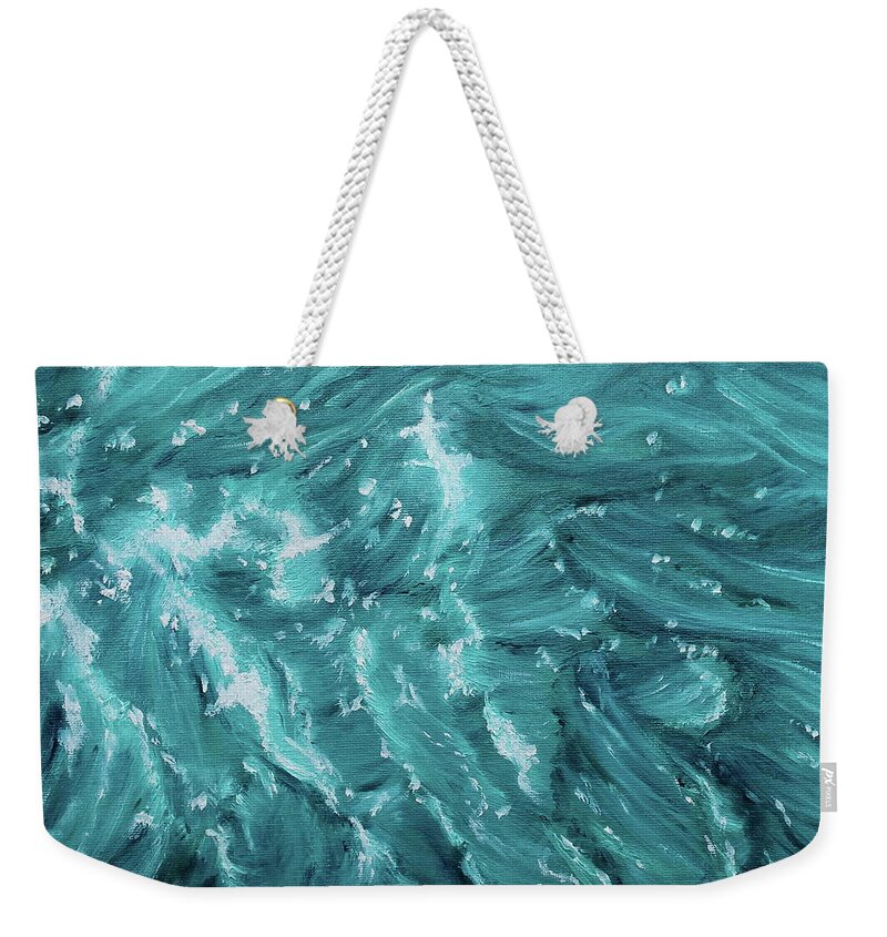 Waves Weekender Tote Bag featuring the painting Waves - Light Turquoise by Neslihan Ergul Colley