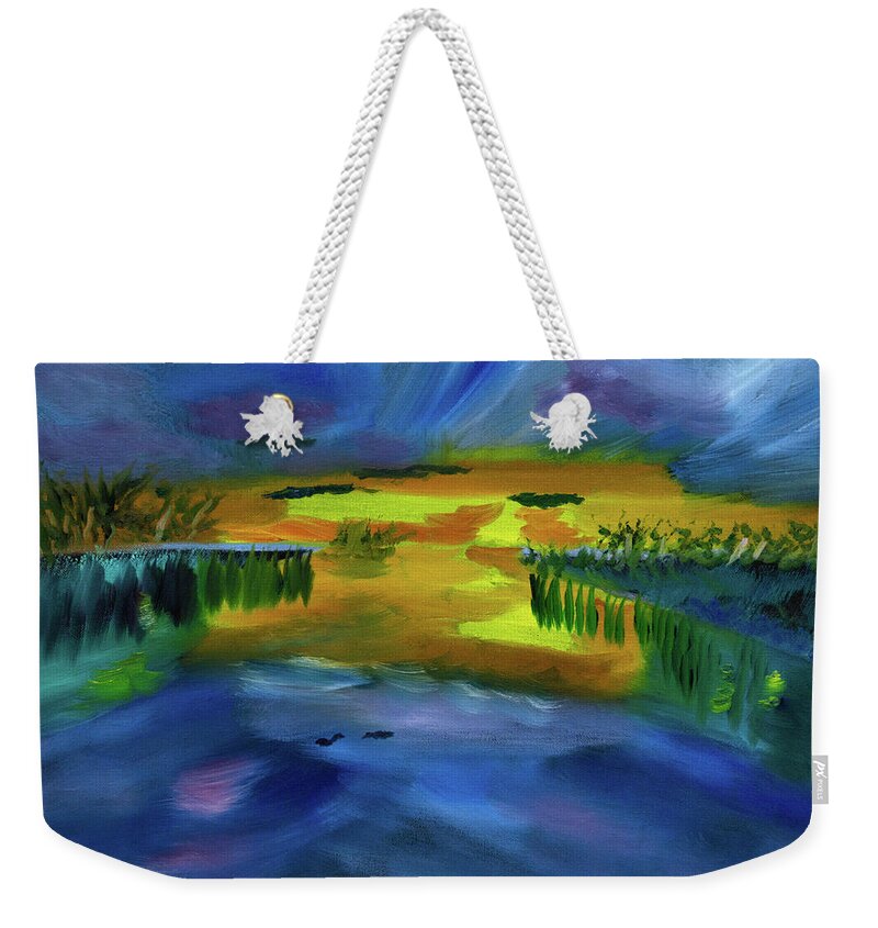 Sunset Weekender Tote Bag featuring the painting Waves of Change by Meryl Goudey