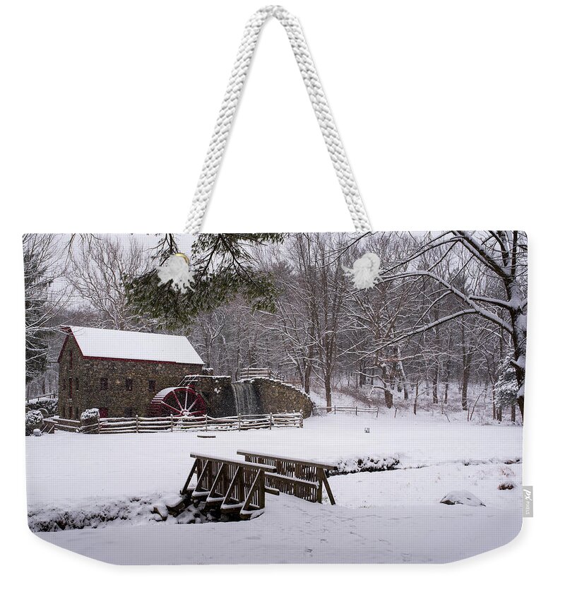 Wayside Weekender Tote Bag featuring the photograph Wayside Inn Grist Mill Covered in Snow by Toby McGuire