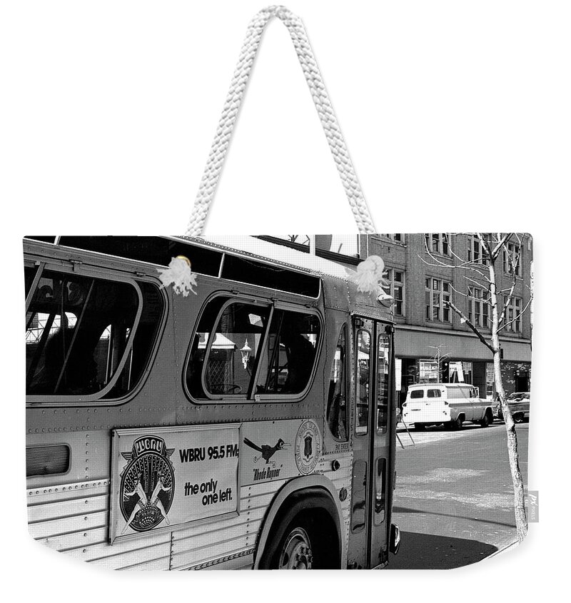 Wbru Weekender Tote Bag featuring the photograph WBRU-FM Bus Sign, 1975 by Jeremy Butler
