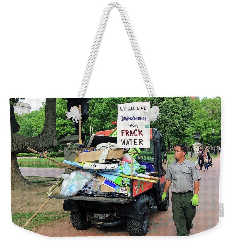 Trash Weekender Tote Bag featuring the photograph We All Live Downstream From Frack Water by Cora Wandel