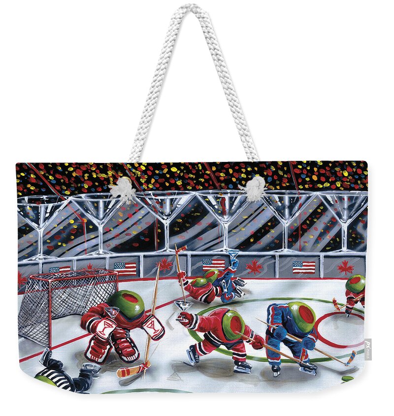 Toothpicks Weekender Tote Bag featuring the painting We Olive Hockey by Michael Godard