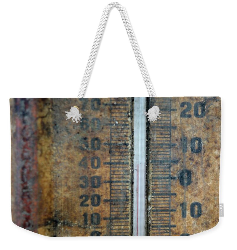 Weathered Temperature Gague Weekender Tote Bag featuring the photograph Weathered by Jacqueline Athmann