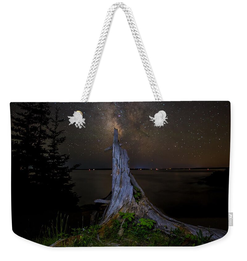 Night Weekender Tote Bag featuring the photograph Weathered Stump under the stars by Brent L Ander