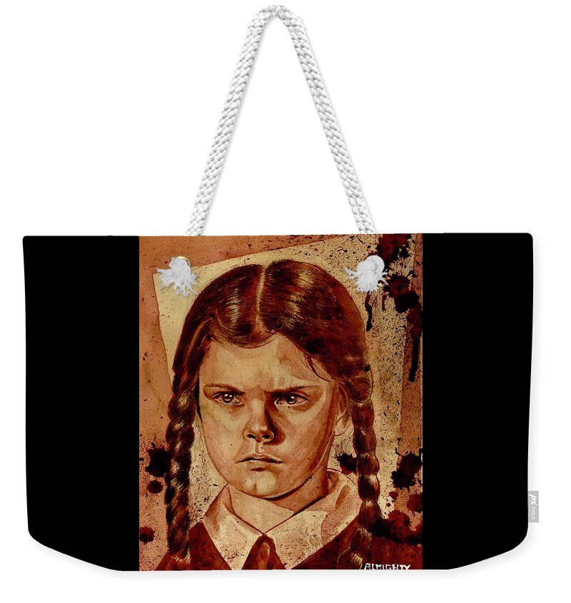 Ryan Almighty Weekender Tote Bag featuring the painting WEDNESDAY ADDAMS - dry blood by Ryan Almighty