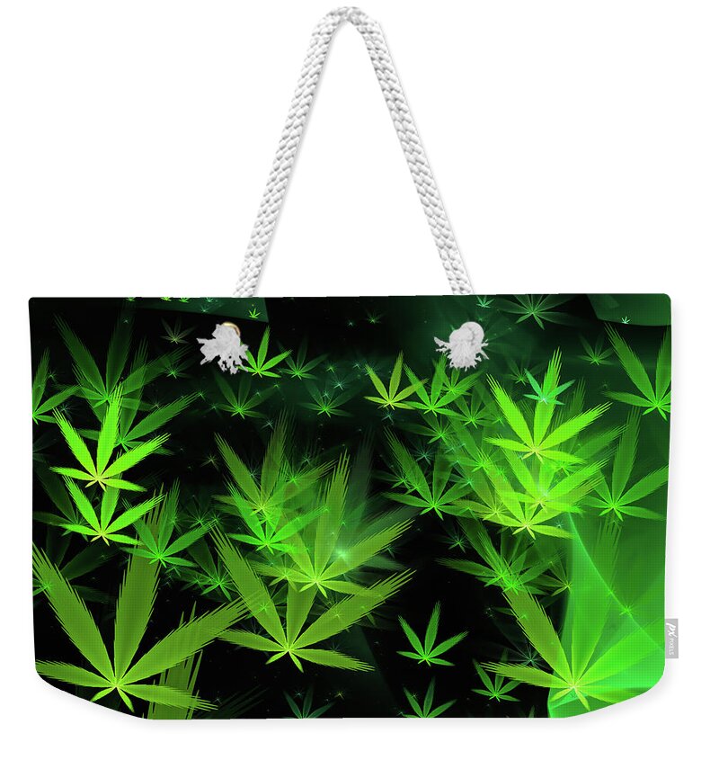 Weed Weekender Tote Bag featuring the digital art Weed art - green Cannabis symbols flying around by Matthias Hauser