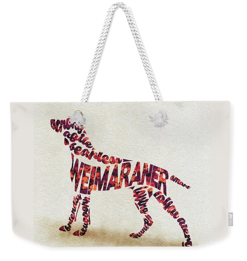 Weimaraner Weekender Tote Bag featuring the painting Weimaraner Watercolor Painting / Typographic Art by Inspirowl Design