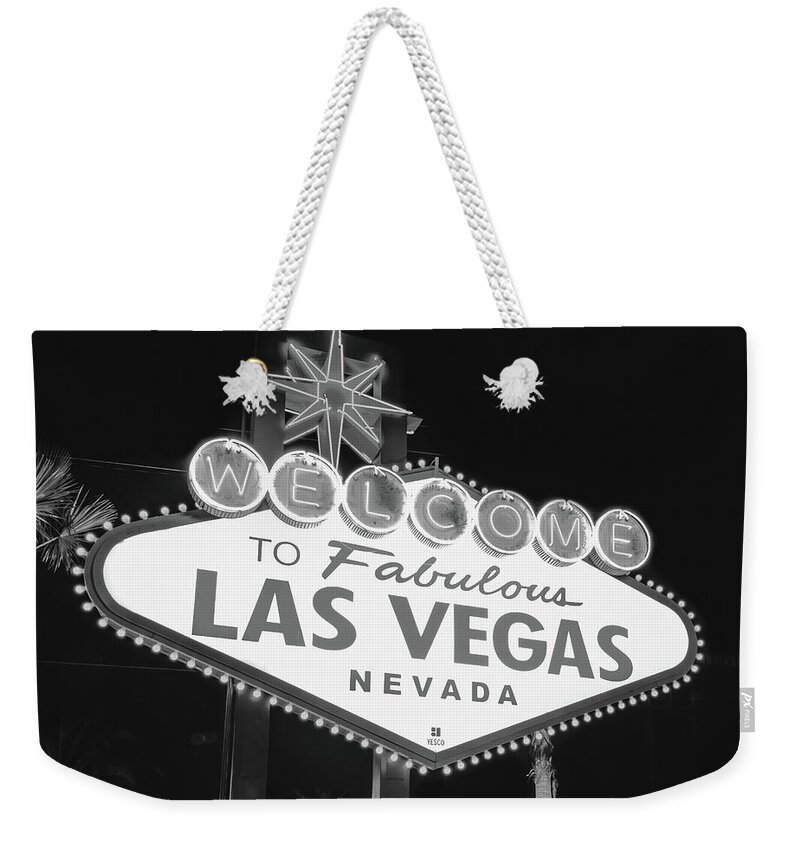 Las Vegas Sign Weekender Tote Bag featuring the photograph Welcome to Las Vegas Neon Sign - Nevada USA - Black and White by Gregory Ballos
