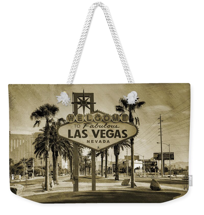 #faatoppicks Weekender Tote Bag featuring the photograph Welcome To Las Vegas Series Sepia Grunge by Ricky Barnard