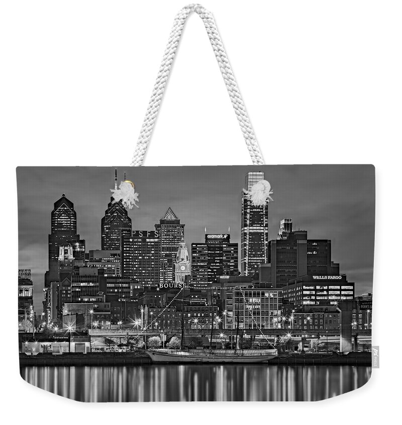 Philadelphia Skyline Weekender Tote Bag featuring the photograph Welcome To Penn's Landing BW by Susan Candelario